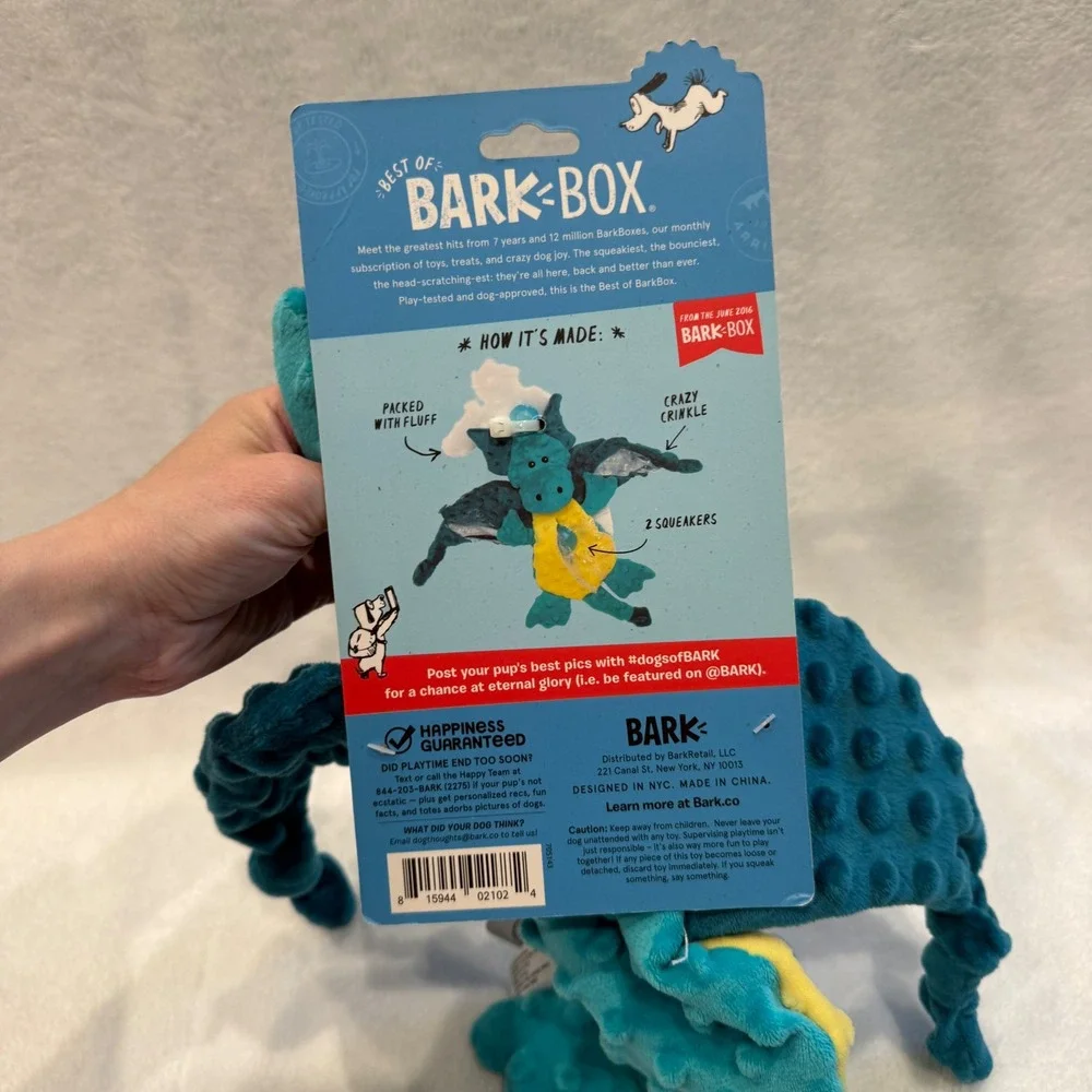 BarkBox Dingbert the Dragon Plush Squeaky Crinkle Dog Toy Teal Yellow New